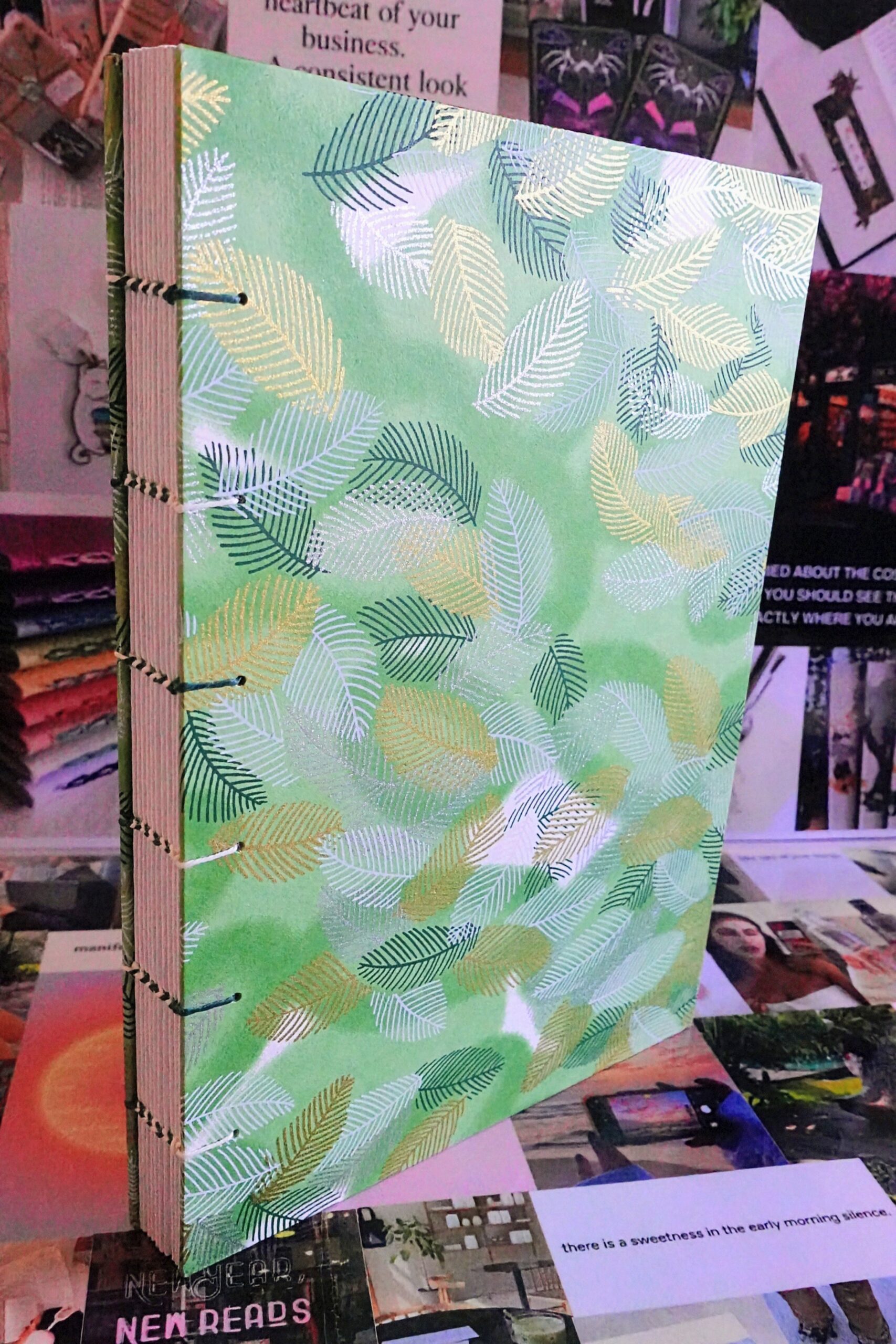 leaf foliage green lined journal - coptic stitch (multi thread)